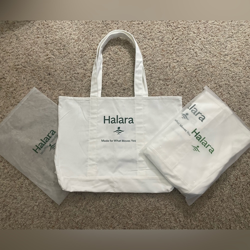 2 NEW Large 20”x15” HALARA White Canvas Tote Bag w/ Green Logo Retail $34 each